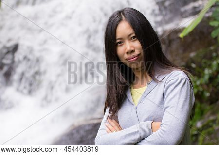 Portrait Thai Woman At Siribhum Waterfall Doi Inthanon National Park, Chiangmai Thailand