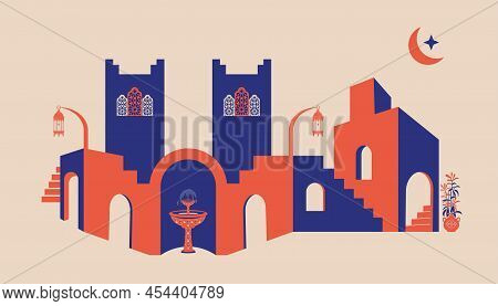 Creative Minimalist Abstracts. House Or Mosque Facade With Water Fountain, Candle Lamp, Stairs, Indo