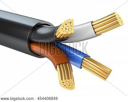 Copper Industrial Four-core Cable In Black Insulation. The Concept Of Power Supply Of The Enterprise