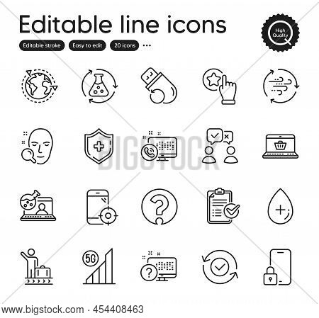 Set Of Technology Outline Icons. Contains Icons As Face Search, Wind Energy And Medical Shield Eleme