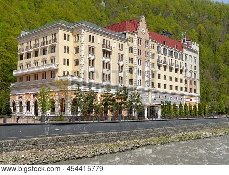 Roza Khutor, Russia. April 28, 2022: Mzymta River Embankment. Roza Khutor Is An Alpine Ski Resort Lo