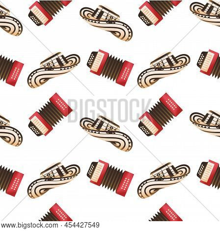 Pattern With Colombian Vueltiao Hats And Accordions Vector Illustration