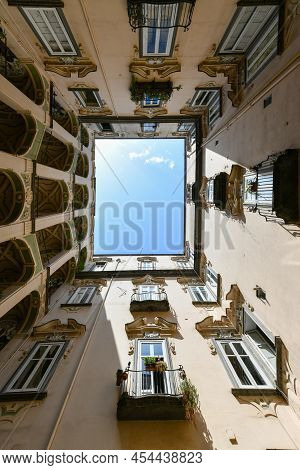 Naples, Italy - Aug 16, 2021: The Spanish Palazzo, Known As The Palazzo Dello Spagnolom In Italian, 
