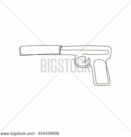 Gun With Silencer Continuous Line Drawing. One Line Art Of Weapon, Gas Pistol, Firearms, Weapons For