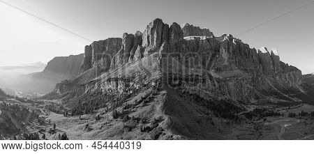 Aerial View Of Gardena Pass, Passo Gardena, Rifugio Frara, Dolomiti, Dolomites, South Tyrol, Italy, 