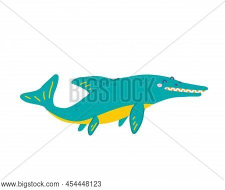 Cute Floating Dinosaur Ichthyosaurus, Vector Flat Illustration In Hand Drawn Style On White Backgrou