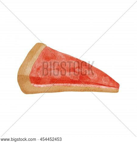 Watercolor Cake Slice Illustration. Hand Drawn Piece Of Cherry Pie Isolated On White Background. Str