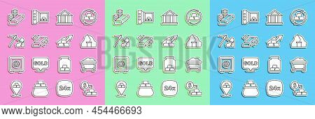 Set Line Gold Exchange Money, Mine Cart With Gold, Mine, Bank Building, Bars, Mining, Coin And Growt
