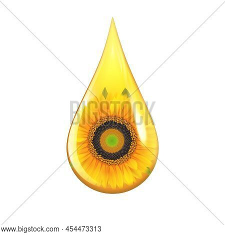 Yellow Sunflower Seed Oil Drop With Sunflower Image Inside Realistic Design Concept Isolated On Whit