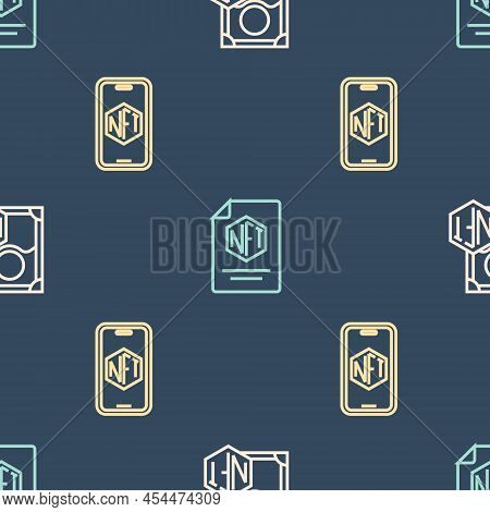 Set Line Nft Digital Crypto Art, Mobile With Store App And Contract On Seamless Pattern. Vector