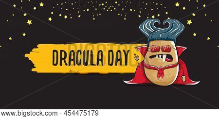 26 May World Dracula Day Greeting Horizontal Banner With Vector Funny Cartoon Cute Dracula Potato Wi