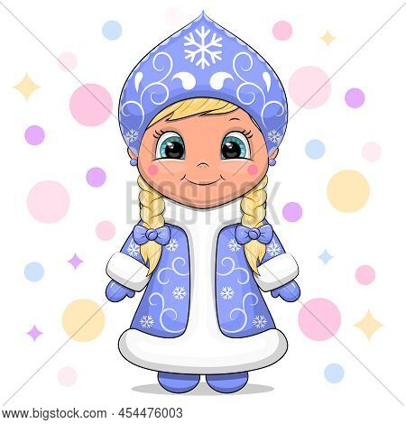 Cute Cartoon Snow Maiden. Winter Vector Illustration Of A Girl On A Colorful Background.