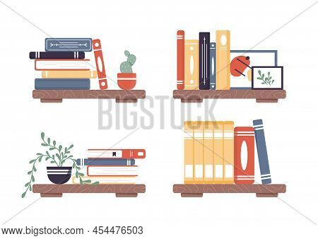 Helves With Books. Collection Of Graphic Elements For Interior Decoration. Home Furnishings And Furn