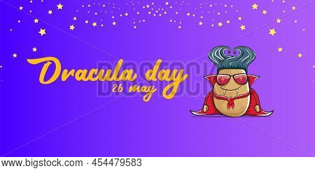 26 May World Dracula Day Greeting Horizontal Banner With Vector Funny Cartoon Cute Dracula Potato Wi