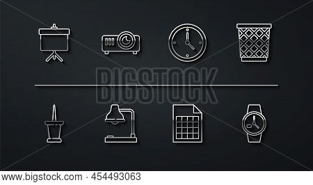 Set Line Chalkboard With Diagram, Push Pin, Trash Can, File Document, Table Lamp, Movie, Film, Media