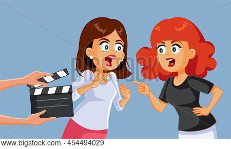 Angry Housewives Fighting In A Reality Show Vector Cartoon Illustration
