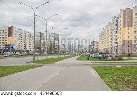 Minsk, Belarussia. City Infrastructure, Street With Buildings.