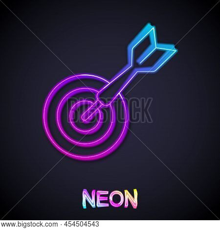 Glowing Neon Line Classic Dart Board And Arrow Icon Isolated On Black Background. Dartboard Sign. Ga