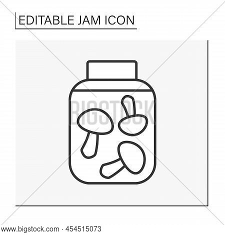 Food Line Icon. Conserved Mushrooms With . Tasty Vegan Addition To Food In A Jar. Jam Concept. Isola