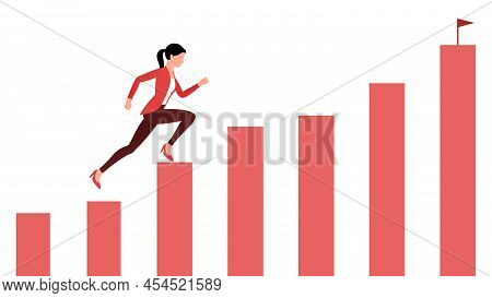 Woman Running On A Graph Bar Towards Success, Business Character Vector Illustration On White Backgr
