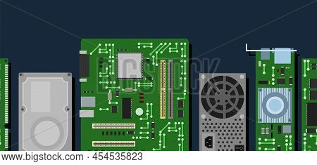 Spare Part For Personal Computer. Horizontally Seamless Background. Pc Or Laptop Accessories. Mother