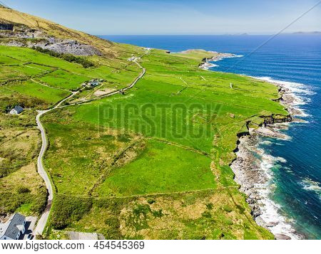 Spectacular Aerial View Of Mullaghmore Head With Huge Waves Rolling Ashore. Picturesque Scenery With