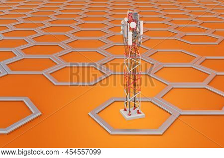 Mobile Tower With Cellular Phone Antennas On Orange Background, 3d Rendering