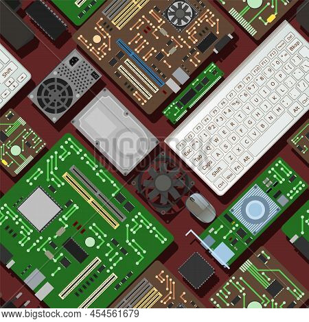 Spare Part For Personal Computer. Pc Or Laptop Accessories. Board Ram Memory Motherboard And Video C