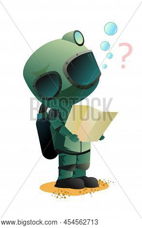 Diver In Retro Scuba Gear Looking For Way. Guy In Underwater Suit Bottom Of Pond. Funny Cartoon Styl