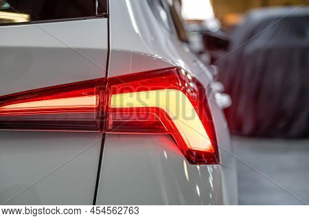 Close-up Of A Red Led Taillight On A Modern Car, Detail On The Rear Light Of A Car