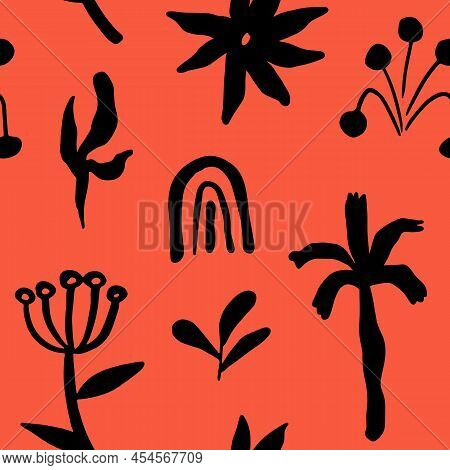 Abstract Scandinavian Floral Seamless Pattern, Hand Drawn Flower Shapes Background