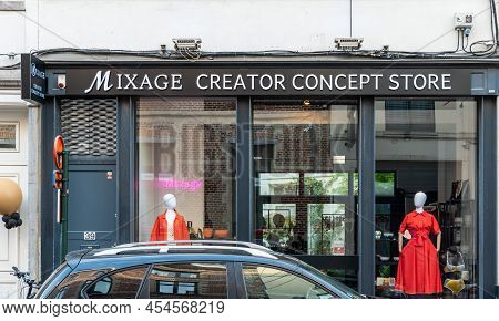 Brussles Old Town, Belgium , 05 07 2022 - Facade Of The Mixage Creator Concept Store, A High End Loc