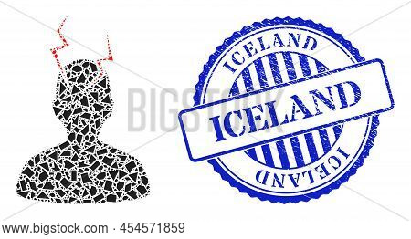 Fragment Mosaic Head Migrain Sick Icon, And Blue Round Iceland Scratched Stamp Imitation With Word I