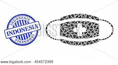Debris Mosaic Medical Mask Icon, And Blue Round Indonesia Grunge Stamp With Tag Inside Round Shape. 