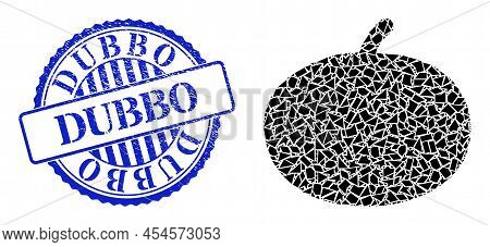Shatter Mosaic Pumpkin Icon, And Blue Round Dubbo Unclean Stamp Seal With Caption Inside Round Shape
