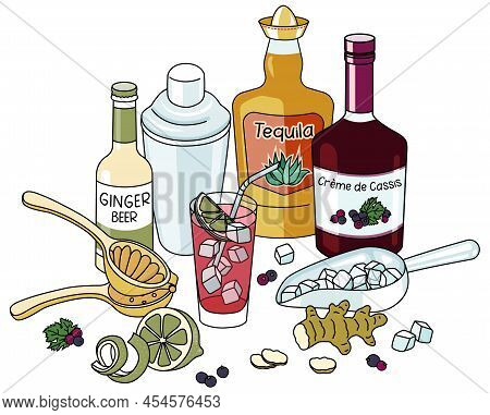 Stylish Hand-drawn Doodle Cartoon Style El Diablo Cocktail Composition. A Bottle Of Golden Tequila A