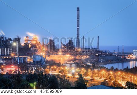 Azovstal In Mariupol, Ukraine Before War. Steel Plant At Night