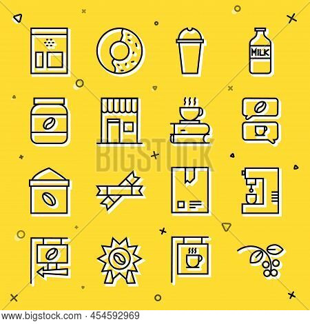 Set Line Coffee Bean, Branch, Machine, And Conversation, Milkshake, Shop, Jar Bottle, Bag Coffee Bea