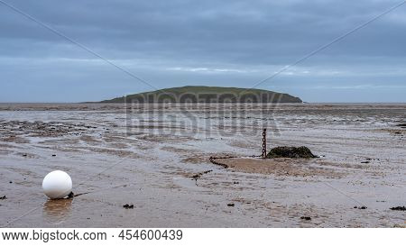 Low Tide Over Balcary Bay With Heston Island And Balcary Tower In The Background, Auchencairn, Scotl