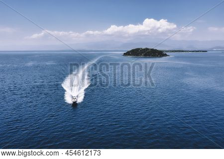 Speed Boat Faster Movement On The Water Top View.