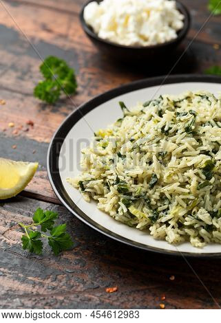 Spanakorizo, Greek Spinach Rice. Healthy Vegetarian Food.