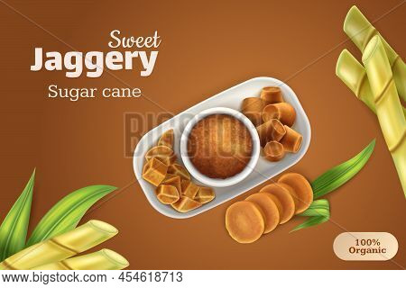 Sweet Jaggery Realistic Composition With Top View Of Plate With Brown Sugar Powder And Blocks On Col