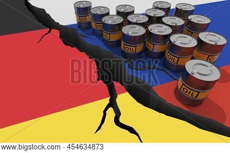 Oil Barrels On Background Of The Flags Of Russia And Germany. World Financial Sanctions On Russian O