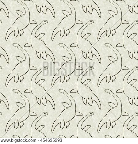 Green Hand Drawn Plesiosaur Dinosaur Seamless Pattern. Gender Neutral Jurassic Fossil Silhouette For