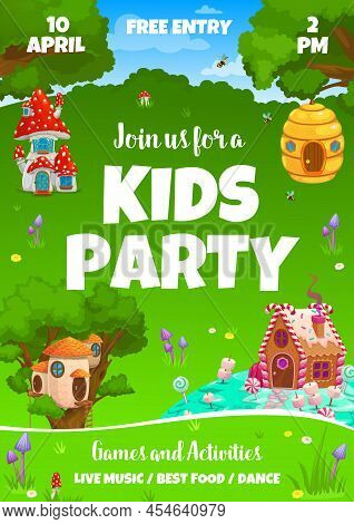Kids Party Vector Flyer With Fairytale Mushroom, Beehive, Caramel And Nest Dwellings. Cartoon Houses