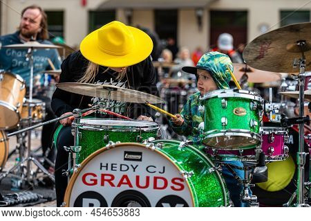 Dobele, Latvia - May 13, 2022: Summit Of Small Drummers In The Historical Time Of Dobele Market, Doz