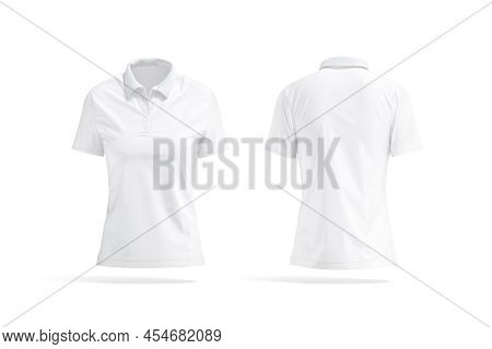 Blank White Women Polo Shirt Mockup, Front And Back View, 3d Rendering. Empty Sport Textile Polo-shi