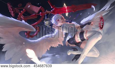 Anime Angel Girl With Her Red Sword Fantasy Digital Art Landscape 3d Illustration Wallpaper