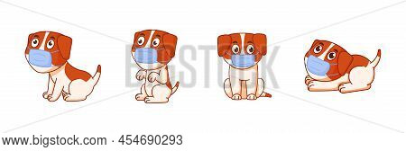 Dog In Mask. Cartoon Doodle Puppy With Medical Respirator. Anti Coronavirus Icons. Epidemic Quaranti