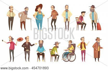 Senior Man Old Disable Citizens With Walking Cane Retro Cartoon Icons 2 Banners Set Isolated Vector 